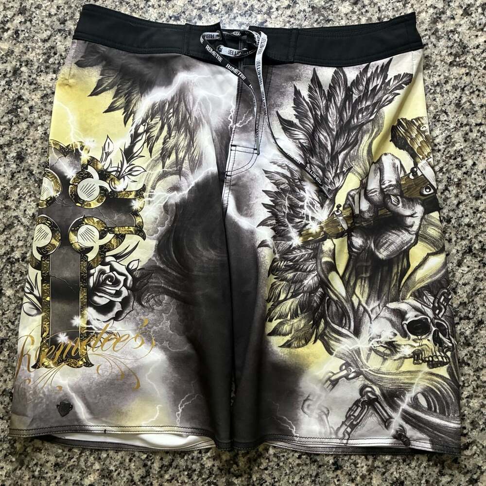 Remetee Mens Board Shorts Graphic Print with Cross and Skull Design Size 36